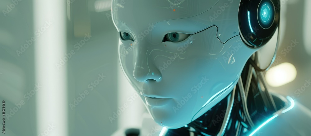 Poster the futuristic robot has large expressive eyes in a modern hightech environment with a blue color sc