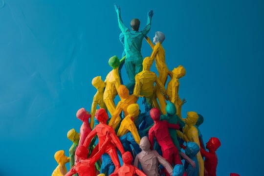 Colorful crowd forming a human pyramid with a leader at the top