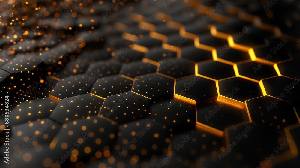 Poster the hexagonal design on this black metal background is accented by golden light lines. the illustrat
