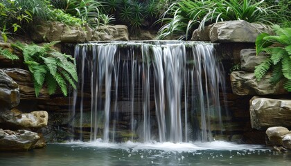 Naklejka premium Scenic Waterfall Cascading into a Serene Pool in a Lush Forest
