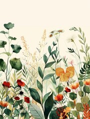 Vibrant Watercolor Floral Illustration - A watercolor illustration featuring a vibrant array of flowers and leaves, depicting a blossoming garden scene. - A watercolor illustration featuring a vibrant