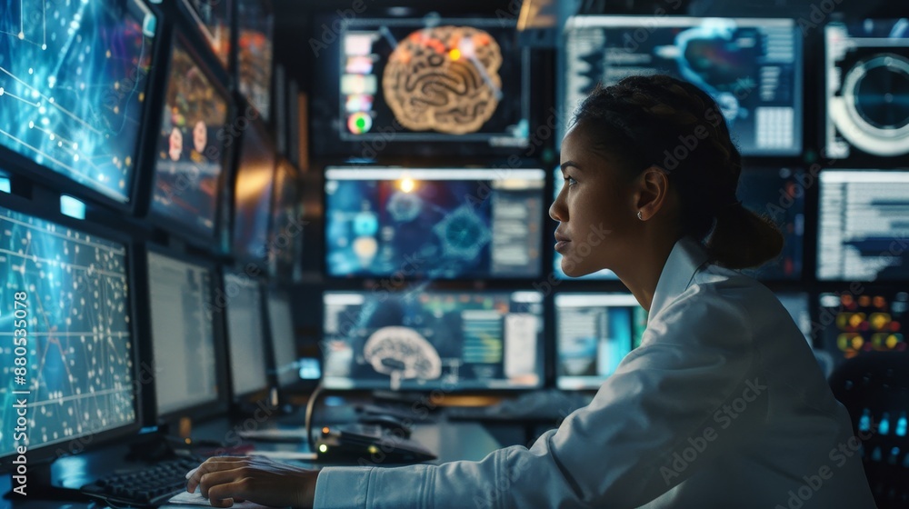 Poster her office has multiple screens showing 3d visualizations. she works on a neural network/ stock proj