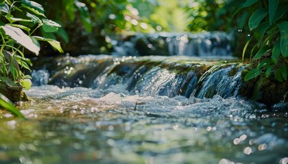 Fototapeta premium Soft Flowing Water in a Peaceful Forest Stream Surrounded by Lush Greenery