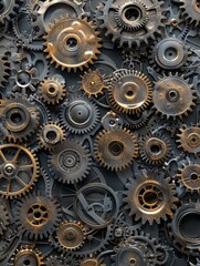 Intricate Gears: A Mechanical Masterpiece - A close-up view of intricate gears, each meticulously crafted and interconnected, showcasing the beauty and precision of mechanical engineering. - A close-u