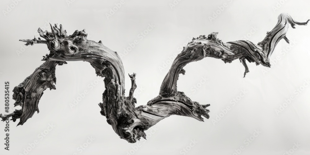 Poster A black and white photo of a dead tree trunk with intricate bark patterns