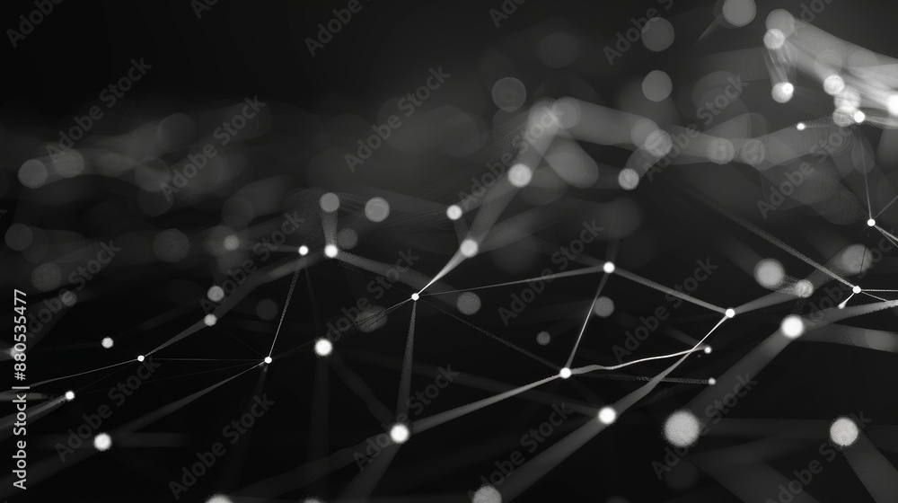 Poster a white background with dots and lines on a black background representing a technological network