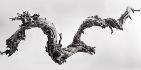 A black and white photo of a dead tree trunk with intricate bark patterns