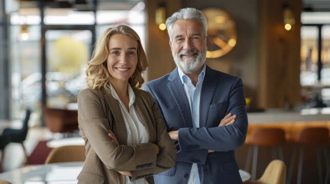An Asian businesswoman and a confident Latin businessman pose for a portrait, two diverse colleagues, leaders and managers.