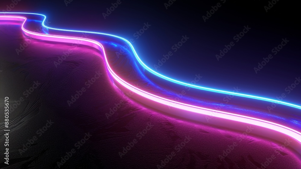 Poster the image is an abstract neon arrow turning right. glowing pink and blue lines with bokeh lighting i