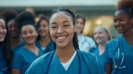 This candid photo shows a group of nursing students in college, surrounded by their medical colleagues