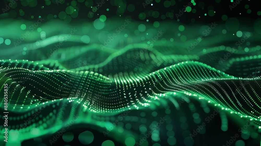 Poster an abstract technology flow background with green dots forming a dynamic wave in 3d.