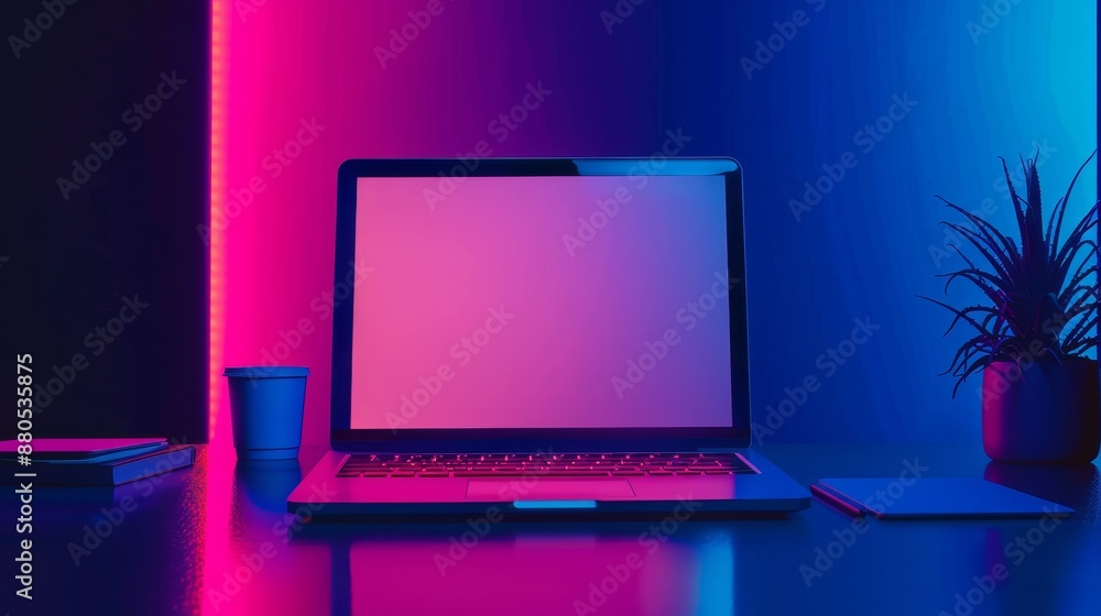 Poster a portable neon computer with a blank screen and a desk in a dark room with blue lighting. laptop on