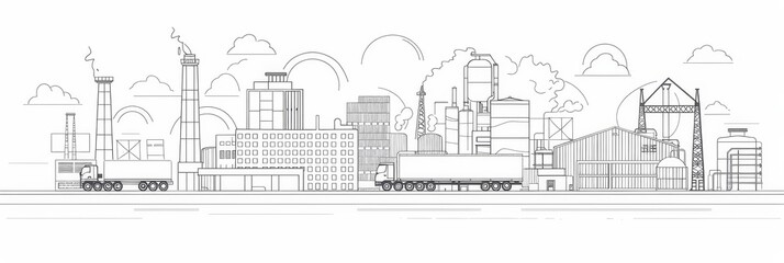 Obraz premium Industrial Skyline Illustration - Illustration of an industrial skyline with buildings, factories and trucks - Illustration of an industrial skyline with buildings, factories and trucks
