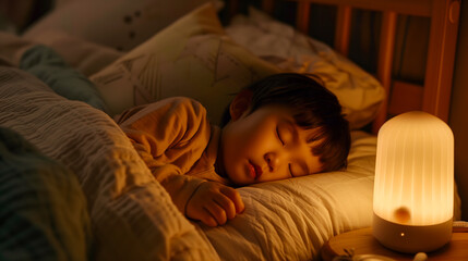 Un enfant dormant paisiblement dans son lit avec une veilleuse allumée sur la table de chevet.