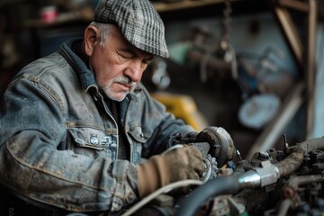 Elderly man repairing a vintage motorcycle engine in his garage
