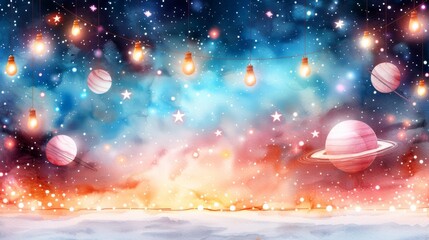 Colorful fantasy space scene with planets, stars, and glowing lights in a cosmic background, artistic and dreamy illustration.