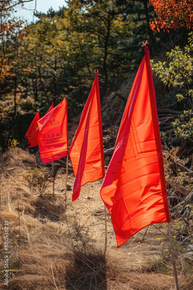 Poster a cluster of bright red flags resting on a desolate grassy area
