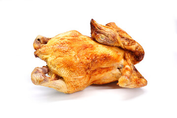 Roast chicken isolate on white background. Traditional Chinese roasted whole chicken, Cantonese roasted chicken