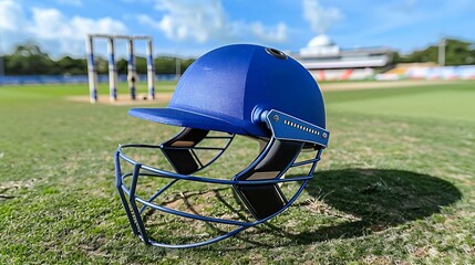 A blue cricket batting helmet with a sturdy protective grill placed on the lush green cricket field, with the pitch and stumps in the background, capturing a sunny day.