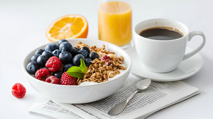 Healthy Breakfast with Granola, Berries, and Coffee