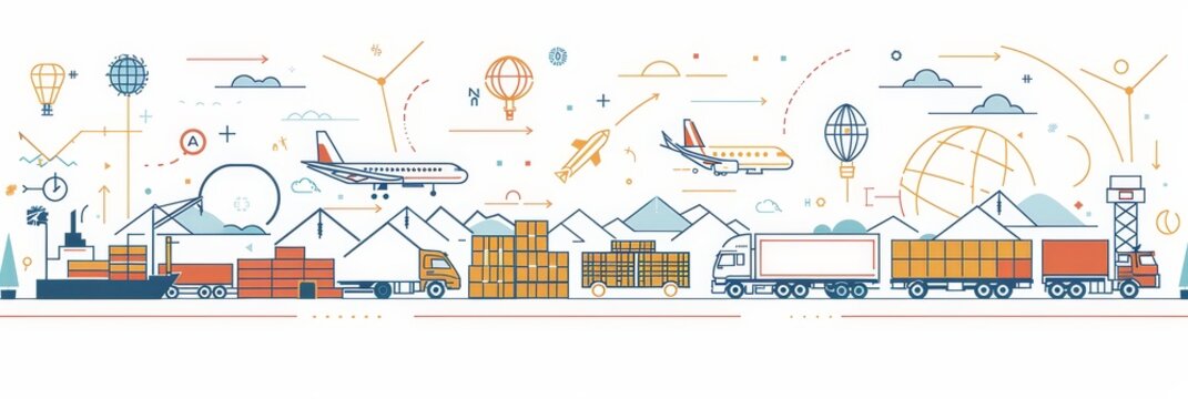 Global Logistics and Transportation Network - A graphic illustration depicting a global logistics network with airplanes, trucks, ships and containers. It emphasizes the interconnectedness of transpor