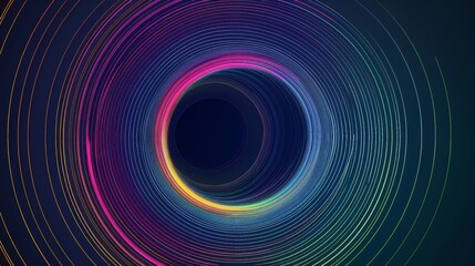 A dark blue background with abstract circular lines in bright colors