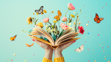 Two hands holding a book with flowers and butterflies flying out, open  book, A fairy-tale-like...