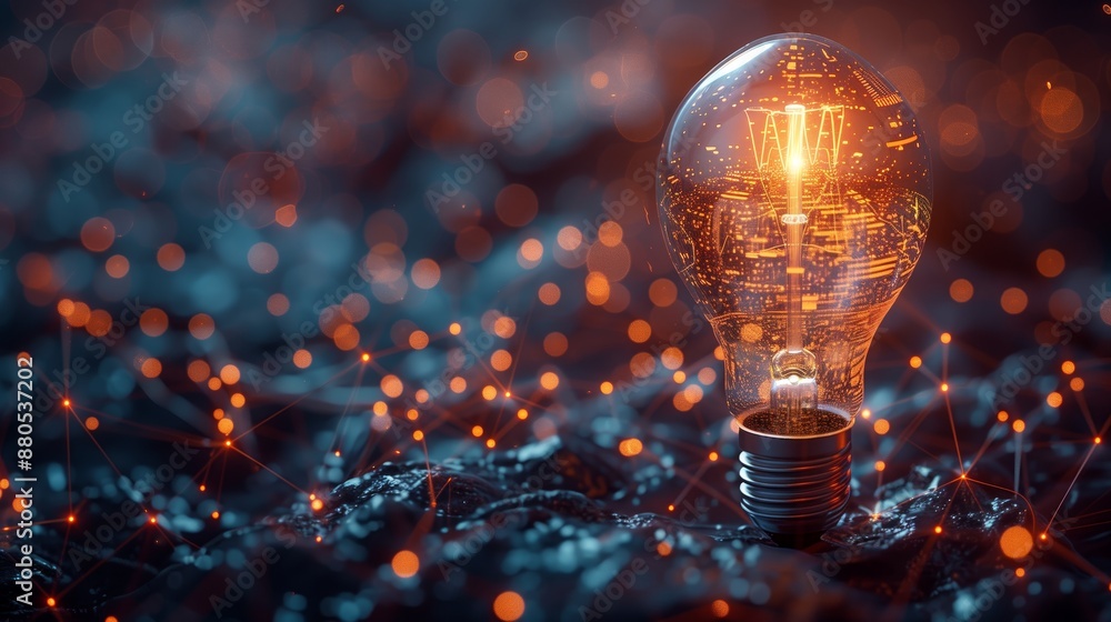 Poster a glowing light bulb surrounded by digital connections, symbolizing innovation and technology in the