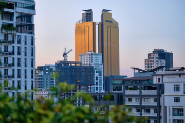 Panoramic view of the central part of Phnom Penh Cambodia from a height in the evening.