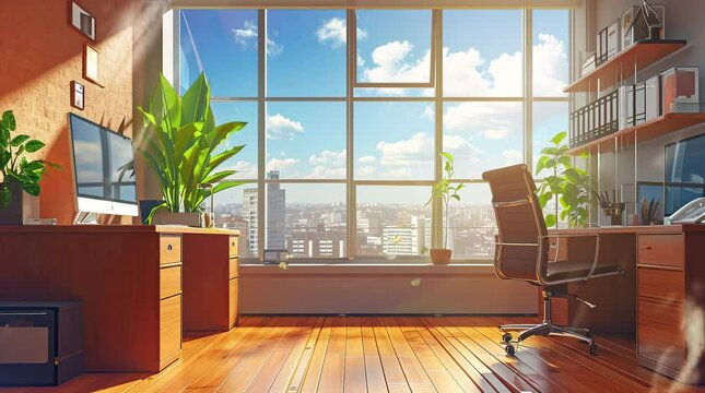 Learning desk and chair in a room with a large window overlooking the vibrant cityscape
 Seamless looping 4k time-lapse virtual video animation background. Generated AI