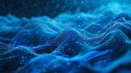 Naklejka premium Waves of blue digital particles in cyberspace, abstract background in digital cyberspace