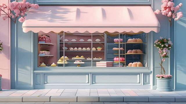 3D cute small pink store building isolated on pastel colour background