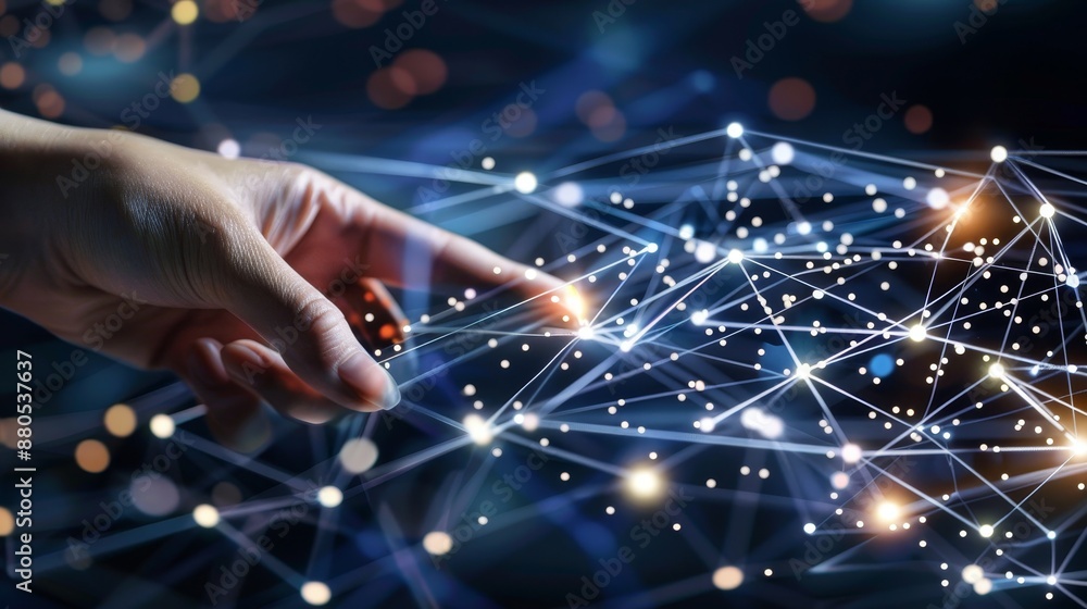 Poster a hand touches light symbolizing a technology network and interconnected lines, symbolizing digital 