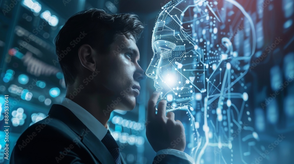 Poster using ai algorithms, a businessman fosters innovation in a high-tech environment
