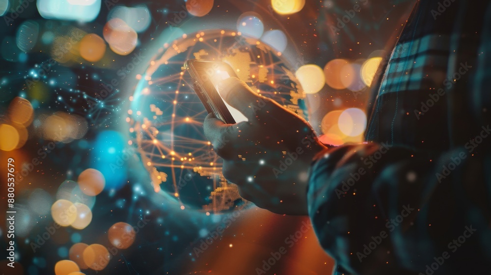 Poster a man using a mobile smart phone with a global network connection. technology-based, innovative, and