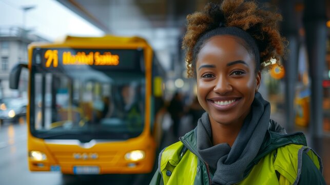 A smiling black woman bus driver standing in front of the camera