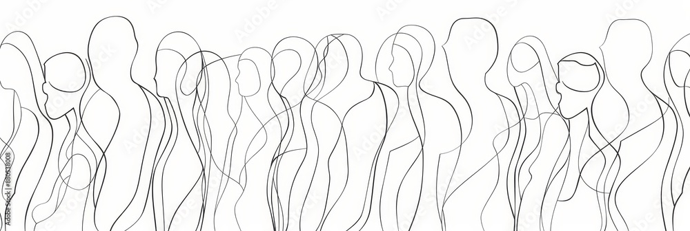 Poster line art silhouette of people in a row - a line art drawing of multiple people silhouettes in a row.