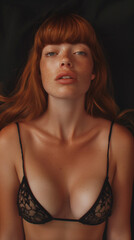 Fototapeta premium Redhead Model in Various Lingerie Poses - Natural Beauty, Freckles, and Long Hair 