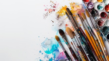 Fototapeta premium Watercolor painting with paintbrushes and paints on white background, colorful, vibrant, creative concept for kids art class or design studio banner