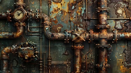 Rusty Industrial Pipes and Gauges - Close-up of a rusty industrial pipe system with gauges and valves. - Close-up of a rusty industrial pipe system with gauges and valves.