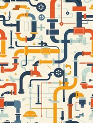 Fototapeta premium Abstract Industrial Seamless Pattern - An abstract seamless pattern with colorful pipes, industrial elements, and a retro style. - An abstract seamless pattern with colorful pipes, industrial elements