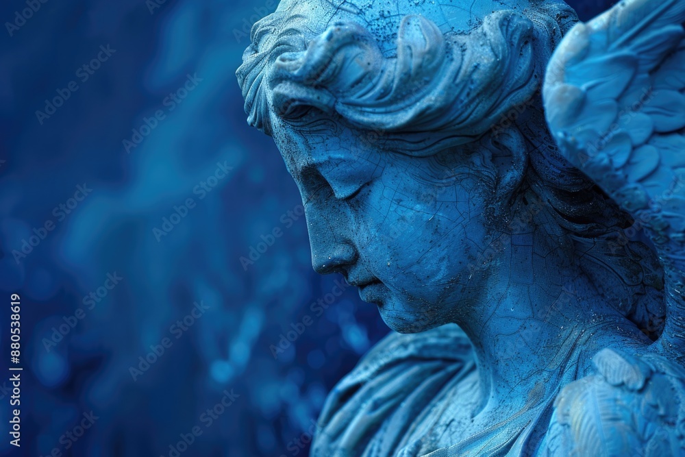 Poster a detailed view of an angel's face and wings from a statue
