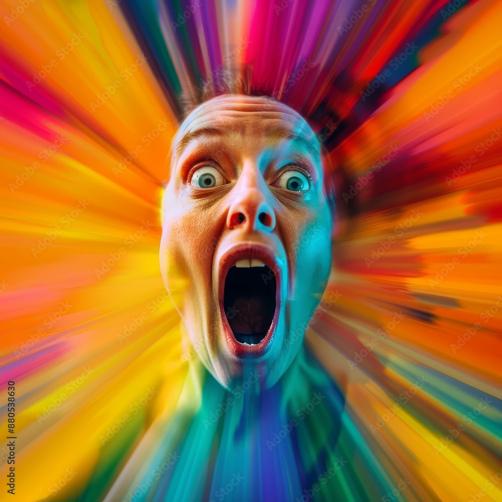 Poster shocked man in abstract colors - close-up of a man's face with a shocked expression, surrounded by b