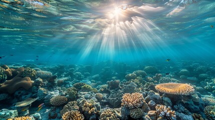 Fototapeta premium Underwater view of the sea surface with sunlight filtering through