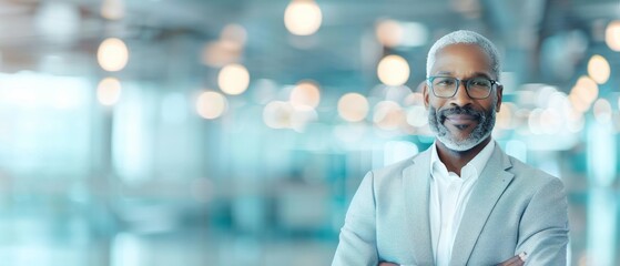 Fototapeta premium Confident senior man in a modern office setting with arms crossed, wearing a suit and glasses, showcasing professionalism and leadership.