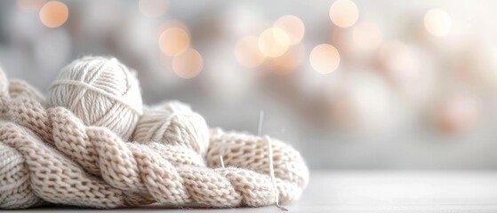 Cozy knitting concept with wool yarn and needles in soft, neutral colors. Perfect for craft, hobby, or DIY projects. Blurry festive background.