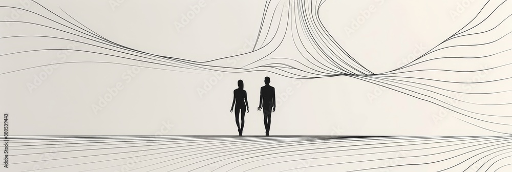 Poster silhouettes in a wavy world - two silhouettes of people stand in an abstract world of flowing lines 