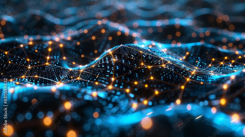 Poster an illustration of neural cells in 3d. blockchain data fields. a stream of data connecting networks.