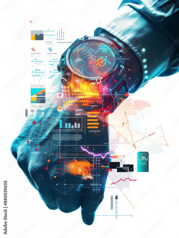 Poster futuristic smartwatch technology - a futuristic smartwatch with a digital interface showcasing data 