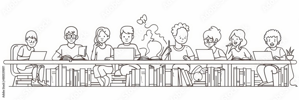 Poster students studying together in a library - a group of students are sitting at a table in a library, s
